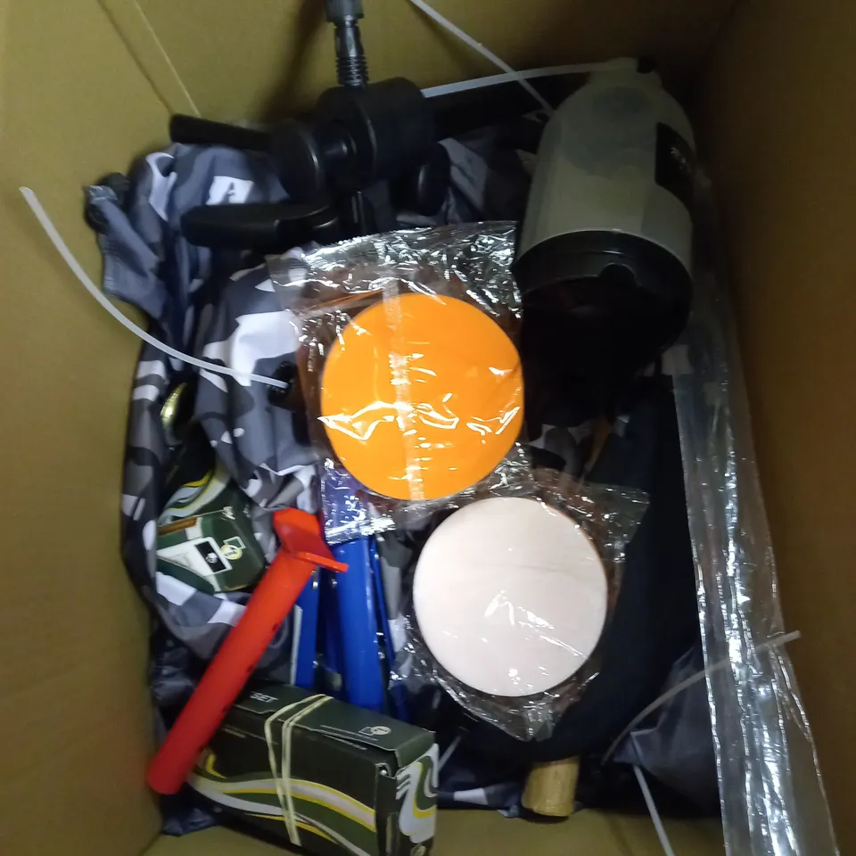 BOX OF ASSORTED ITEMS TO INCLUDE SPRAY BOTTLE, BIKE COVERS, BOLTS / COLLECTION ONLY 