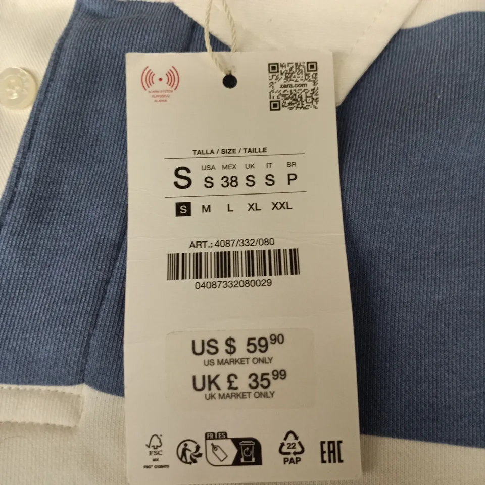 ZARA STRIPED RUGBY SHIRT – NAVY & WHITE, SIZE S (UK 38)