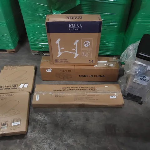 PALLET OF ASSORTED CONSUMER PRODUCTS TO INCLUDE: TOILET FRAME, PLAYPEN, PEDESTAL BINS, ROUND METAL BALLOON ARCH, TOILET SEATS ECT