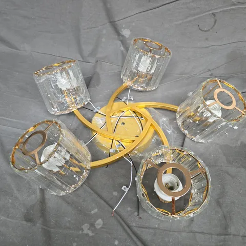 FIVE-ARM CEILING LIGHT FITTING WITH CYLINDRICAL GLASS SHADES AND BRASS TRIM