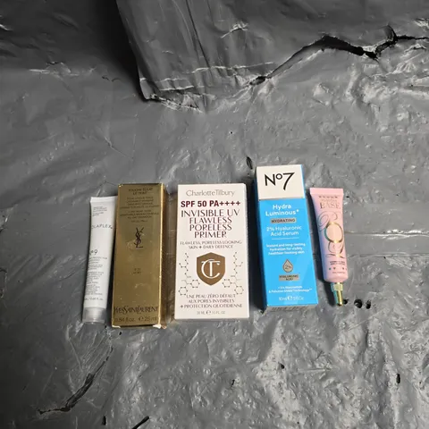 LOT OF 5 ASSORTED COSMETIC PRODUCTS TO INCLUDE - N07 HYDRALUMINOUS HYALURONIC ACID SERUM - CHARLOTTE TILBURY UV PORELESS PRIMER - OLAPLEX N0.9 BOND PROTECTOR HAIR SERUM - ETC