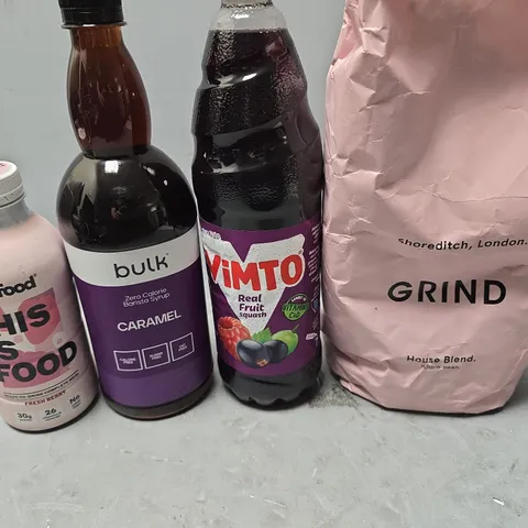 APPROXIMATELY 8 ASSORTED DRINKS ITEMS TO INCLUDE - GRIND HOUSE BLEND COFFEE , BULK CARAMEL , YFOOD FRESH BERRY ETC