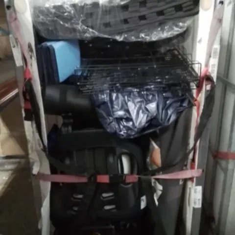 CAGE OF ASSORTED HOUSEHOLD GOODS AND PRODUCTS TO INCLUDE;DOG CAGE,CAR SEAT,YOGA MAT