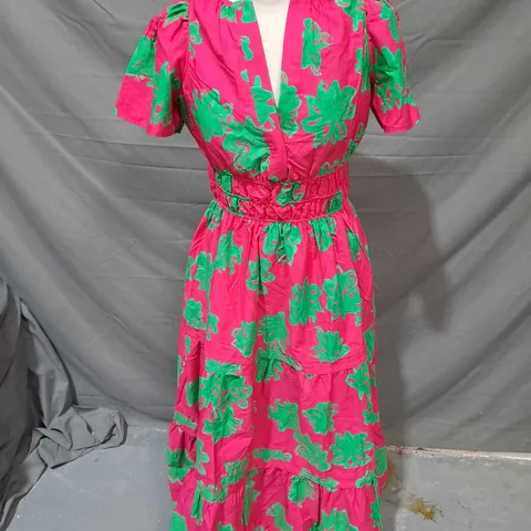 ANTHROPOLOGIE FLORAL V-NECK DRESS IN PINK/GREEN - XS