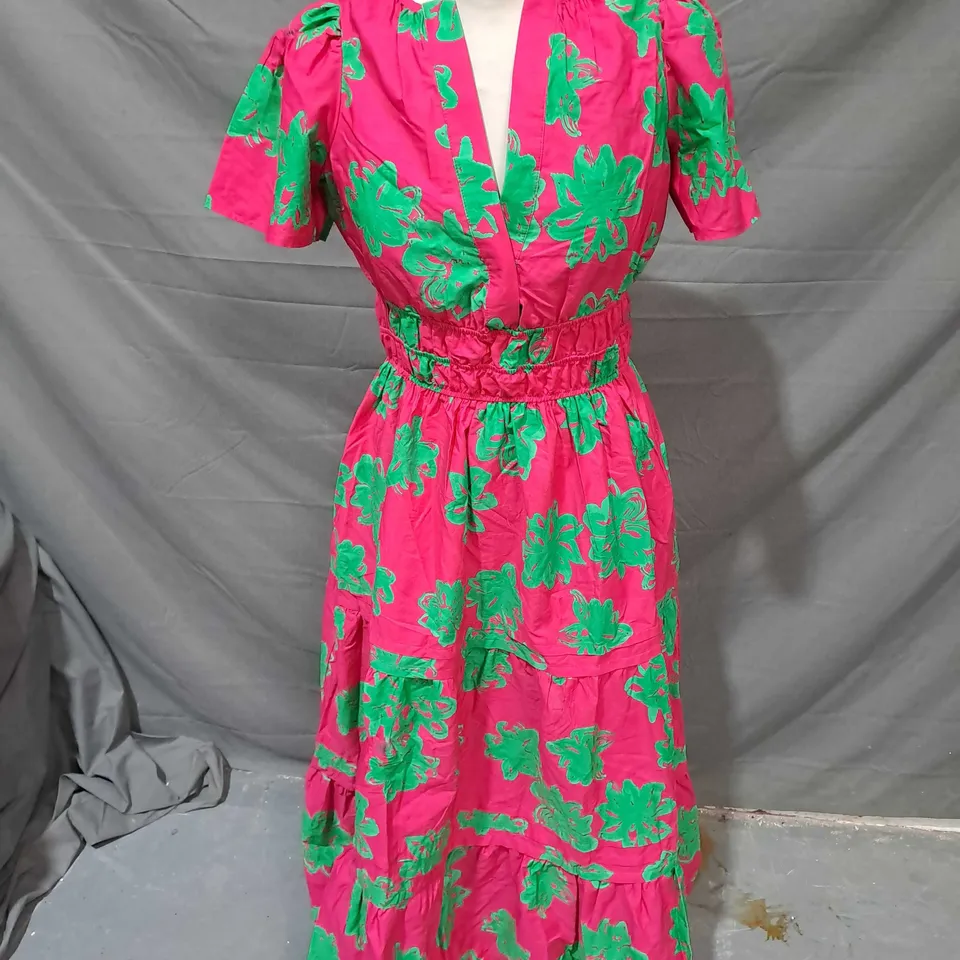 ANTHROPOLOGIE FLORAL V-NECK DRESS IN PINK/GREEN - XS