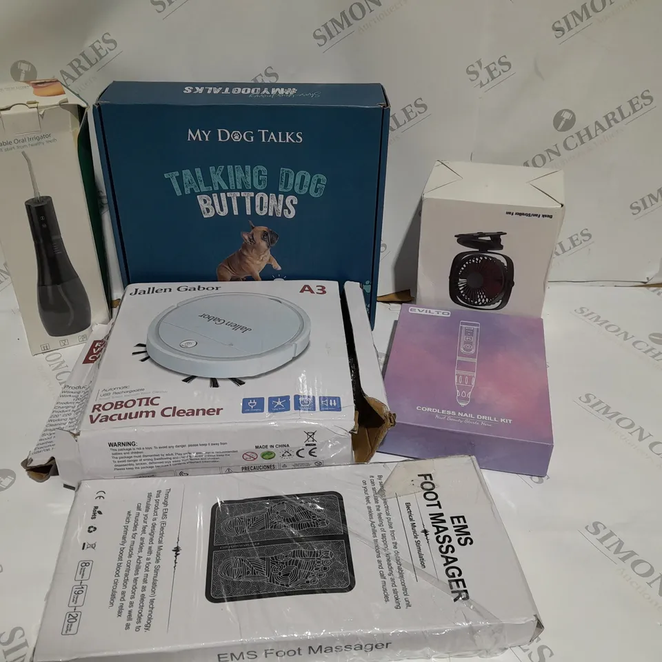 6 ASSORTED ITEMS TO INCLUDE A TALKING DOG BUTTONS AND A ROBOTIC VACUUM CLEANER