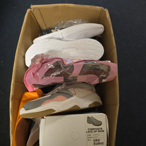BOX OF APPROXIMATELY 8 ASSORTED PAIRS OF SHOES IN VARIOUS STYLES . COLOURS AND SIZES