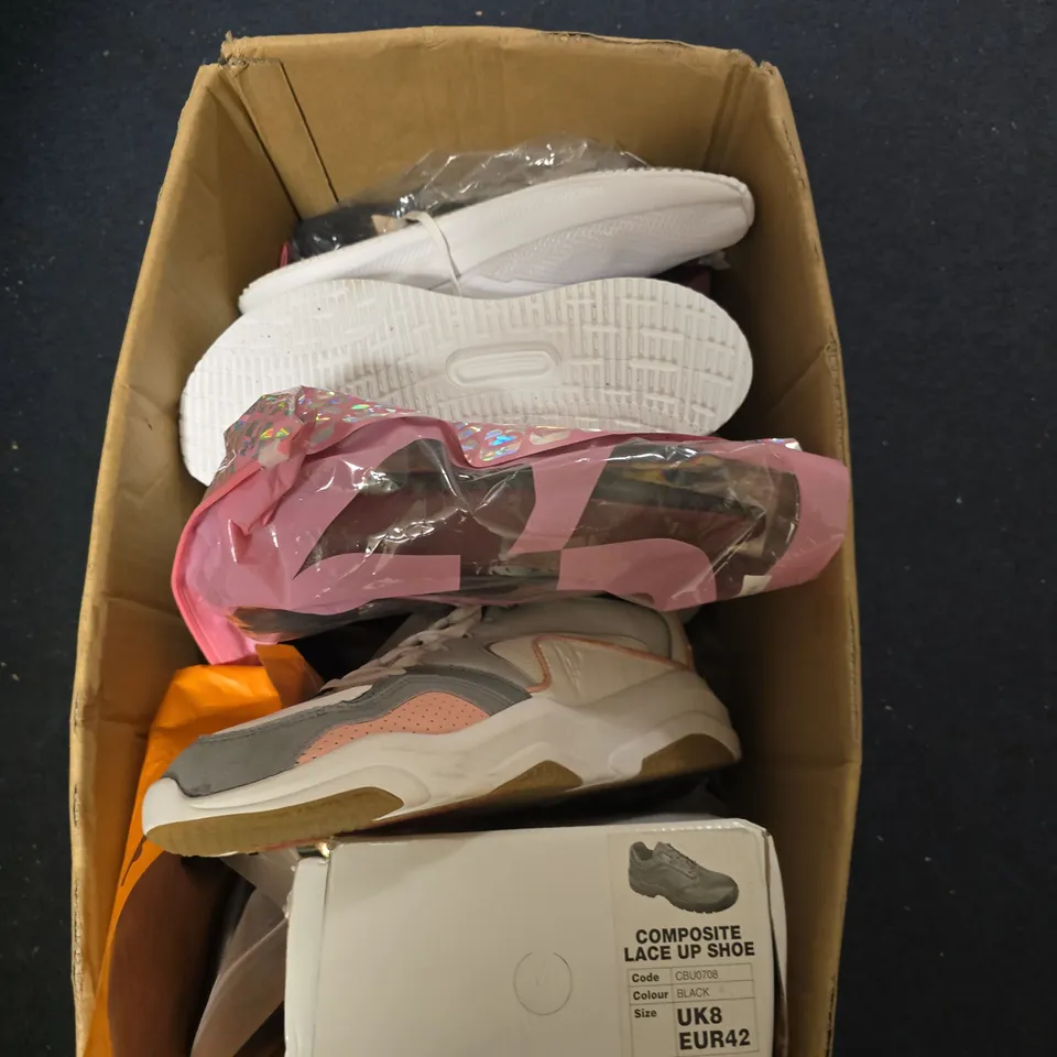BOX OF APPROXIMATELY 8 ASSORTED PAIRS OF SHOES IN VARIOUS STYLES . COLOURS AND SIZES