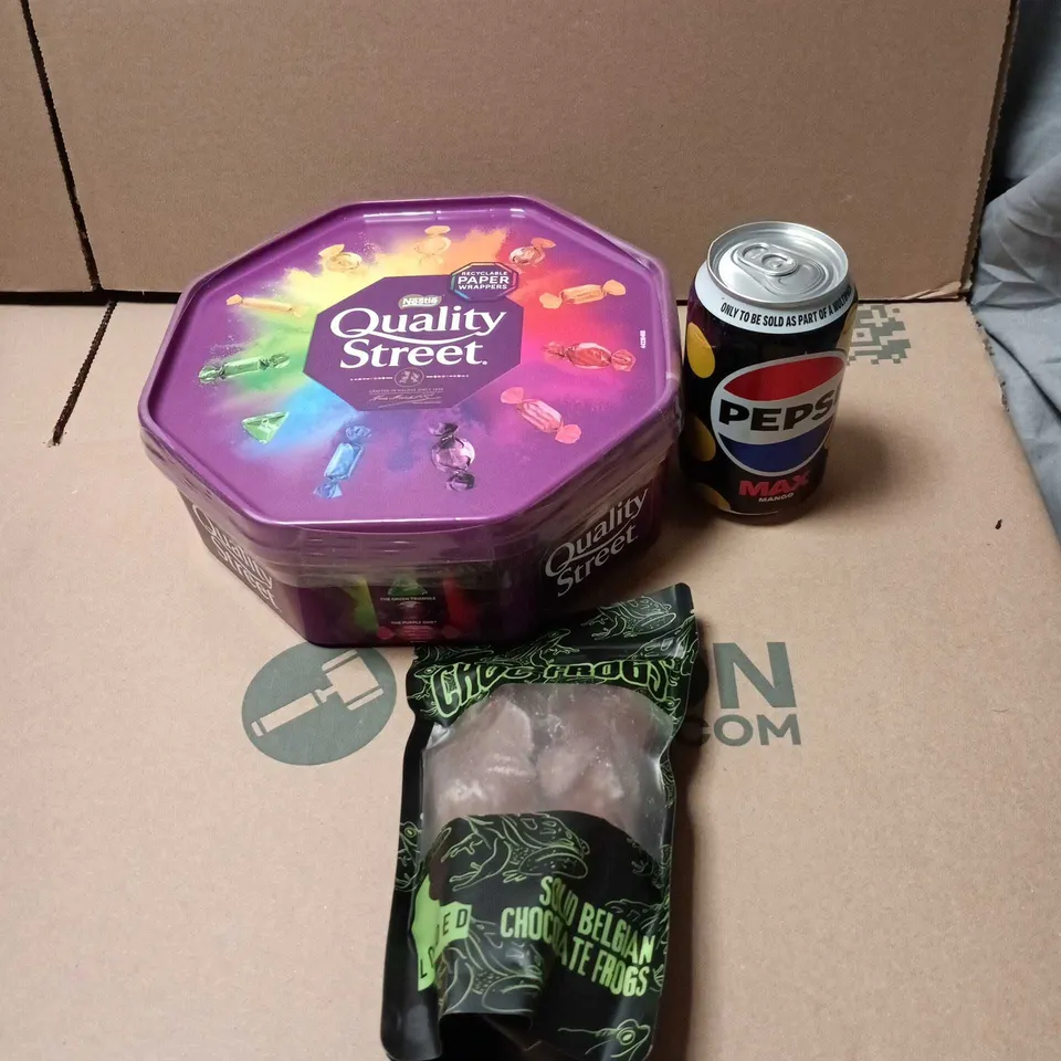 APPROXIMATELY 7 ASSORTED FOOD AND DRINK ITEMS TO INCLUDE QUALITY STREET, PEPSI MAX, CHOC FROGS ETC