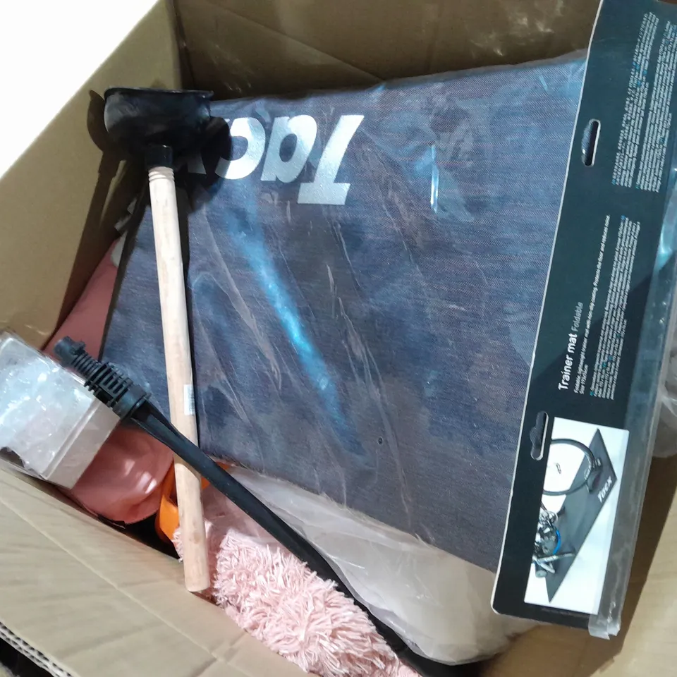 box of approximately 20 household items to include sink plunger, pink baubles, Bluetooth data logger