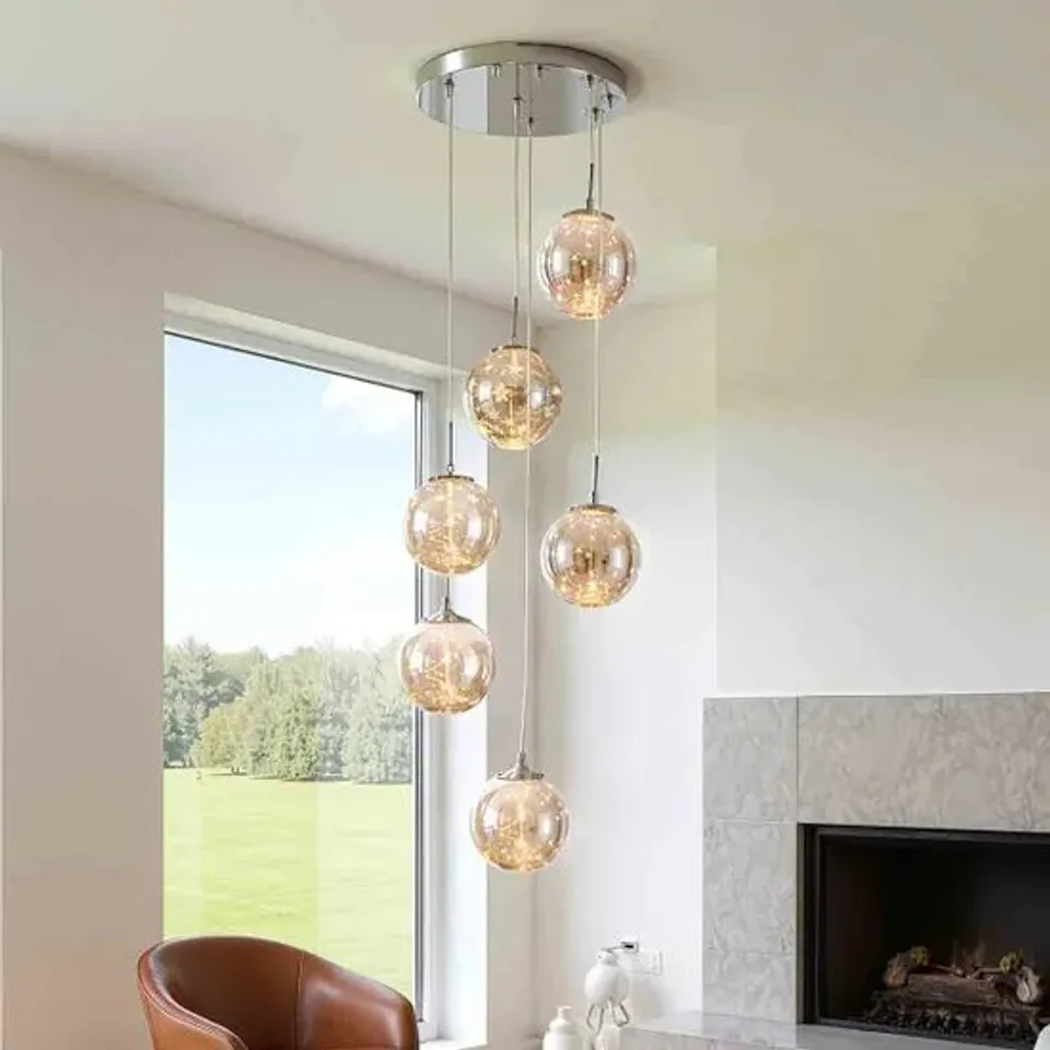 BOXED GARDEN SANCTUARY MODERN SIX-HEAD PENDANT LIGHT CHANDELIER 107CM - SILVER