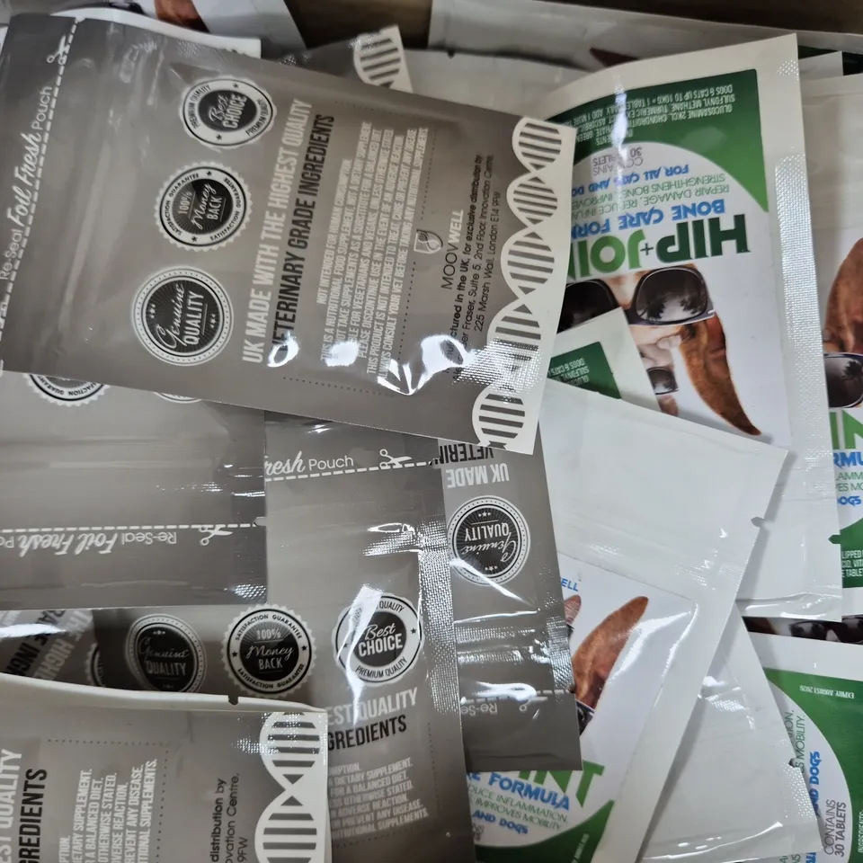 BOX OF APPROXIMATELY 70 PACKS OF MOOVWELL TABLETS - HIP + JOINT BONE CARE FOR CATS & DOGS (30 TABLETS PER PACK)