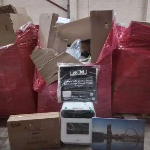 PALLET OF ASSORTED HOUSEHOLD GOODS AND FURNITURE TO INCLUDE;COMFEE MINIATURE DISH WASHER, DONYER POWER CONVECTOR HEATER, SHERPA SOFA COVER 2 SEATER ETC 