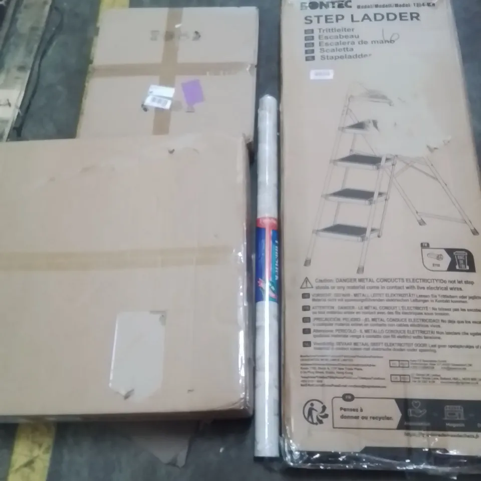 PALLET OF ASSORTED HOUSEHOLD GOODS AND PRODUCTS TO INCLUDE; WALLPAPER , CEILING FAN LIGHT , ETC