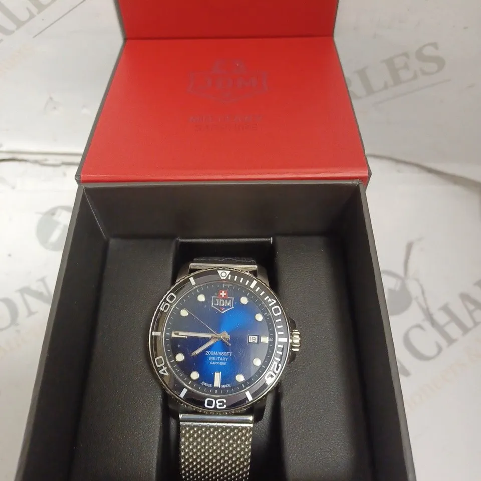BOXED JACQUES DU MANOIR MILITARY SAPPHIRE WATCH - SWISS MADE - STAINLESS STEEL - WATER RESISTANT 200M. 