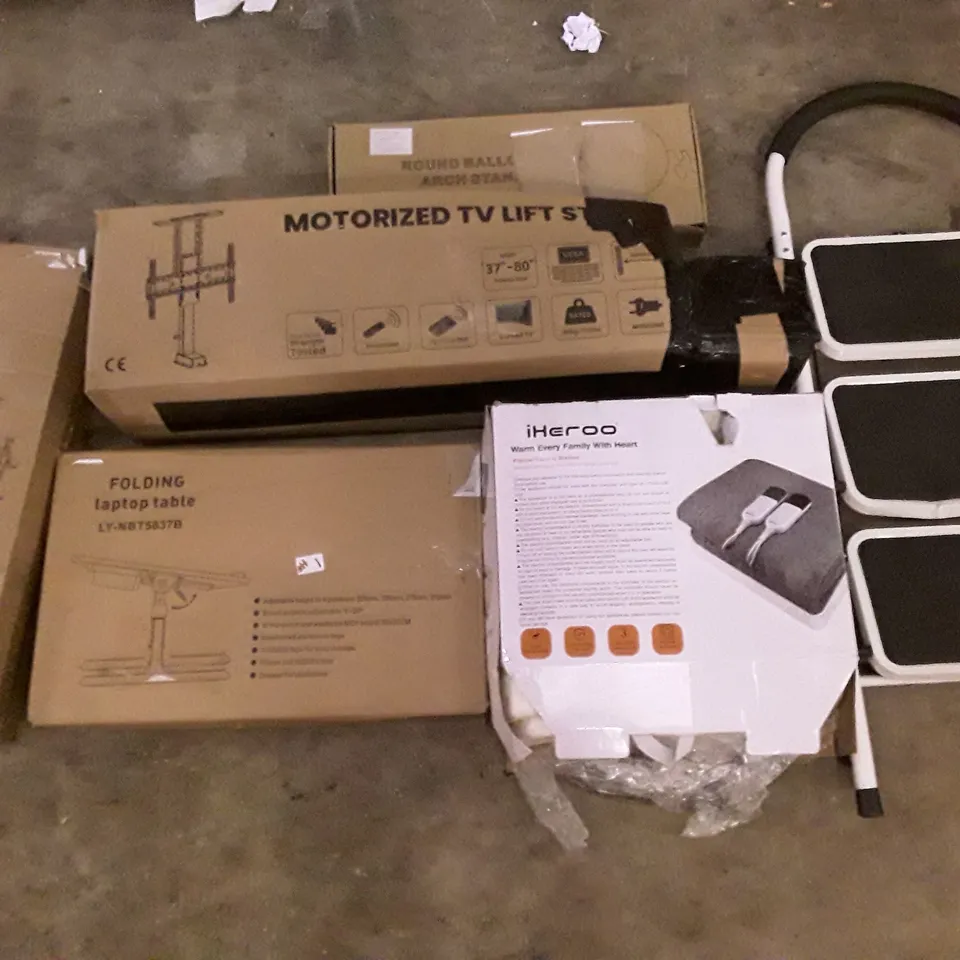 PALLET OF ASSORTED PRODUCTS INCLUDING FOLDING LAPTOP TABLE, HOMIDEC DRYING RACK, ROUND BALLOON ARCH STAND, FLANNEL ELECTRIC BLANKET, MOTORIZED TV LIFT, STEP LADDER