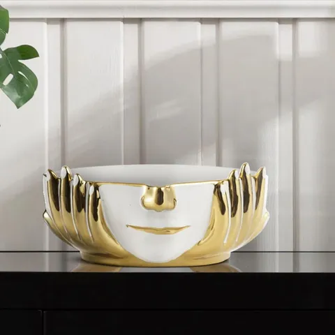 BOXED AHVIANNA HANDMADE CERAMIC DECORATION DISH, WHITE AND GOLD FACE MODERN DESIGN BOWL HOME DECOR ACCENT PIECE