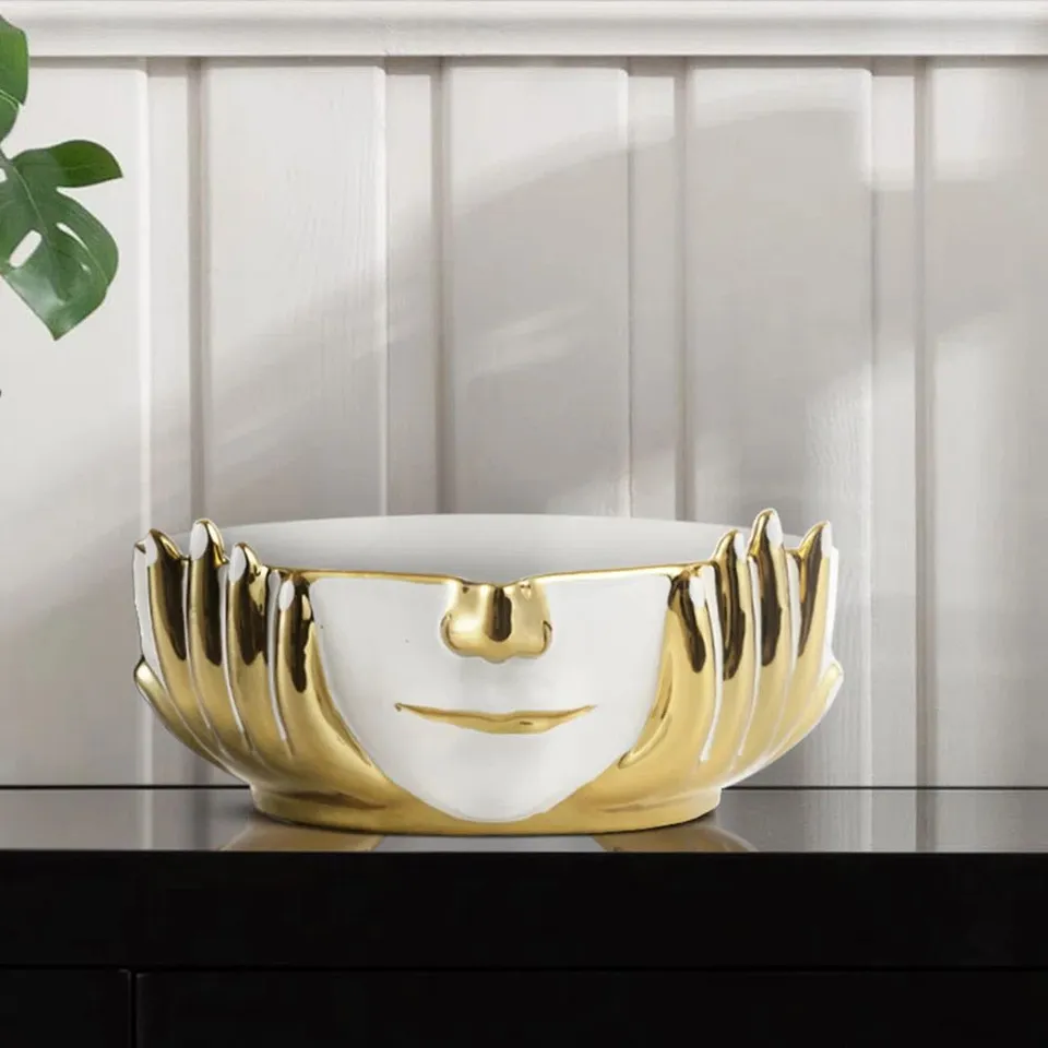BOXED AHVIANNA HANDMADE CERAMIC DECORATION DISH, WHITE AND GOLD FACE MODERN DESIGN BOWL HOME DECOR ACCENT PIECE