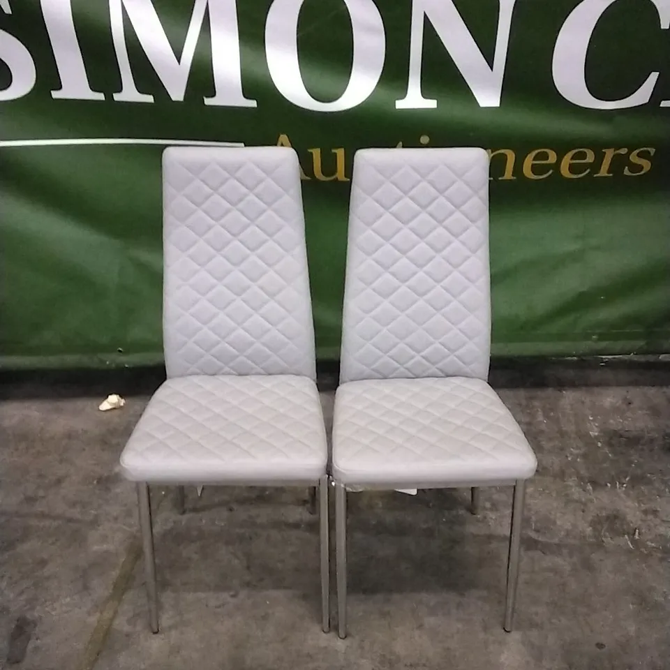SET OF 2 GREY LEATHER PILLOWED DINING CHAIRS WITH CHROME LEGS 