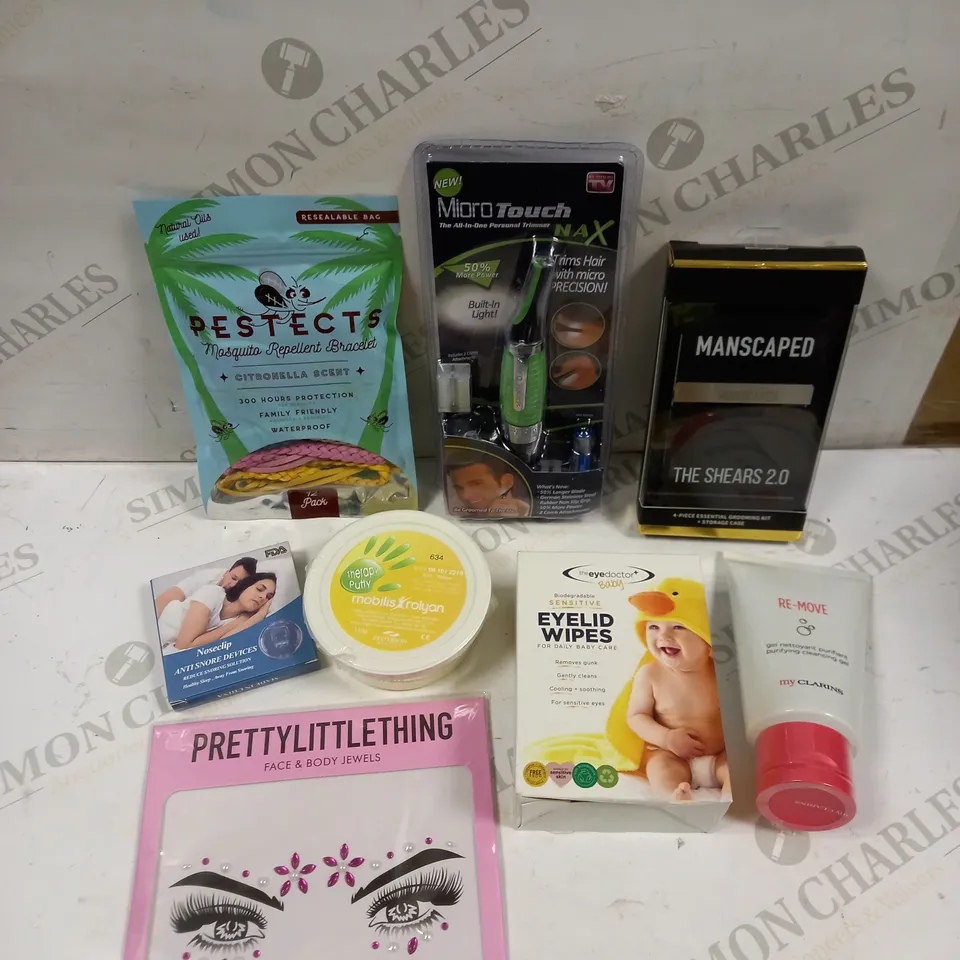 BOX OF APPROXIMATELY 20 ASSORTED HEALTH & BEAUTY PRODUCTS TO INCLUDE MANSCAPED THE SHEARS 2.0, EYE DOCTOR EYELID WIPES, ANTI SNORE DEVICES ETC 