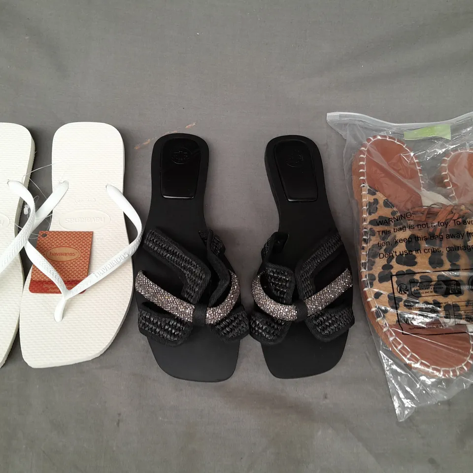 BOX OF APPROXIMATELY 15 ASSORTED PAIRS OF SHOES AND FOOTWEAR ITEMS IN VARIOUS STYLES AND SIZES TO INCLUDE HAVAIANAS, ETC