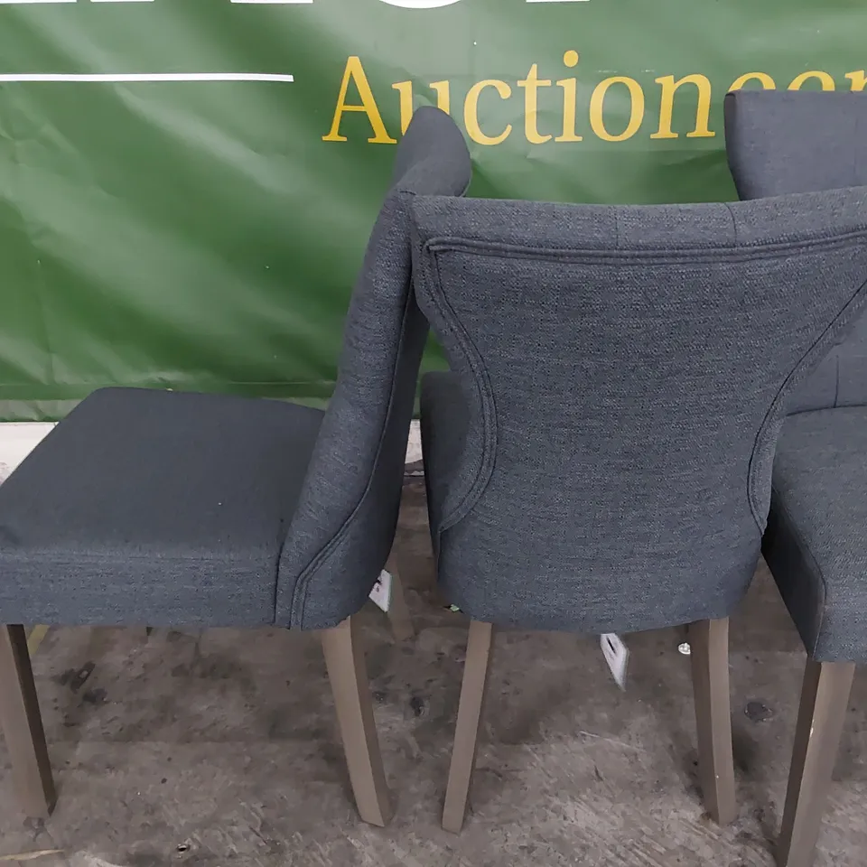 SET OF SIX UPHOLSTERED BUTTONED BACK DINING CHAIRS CHARCOAL FABRIC ON SILVERED LEGS 