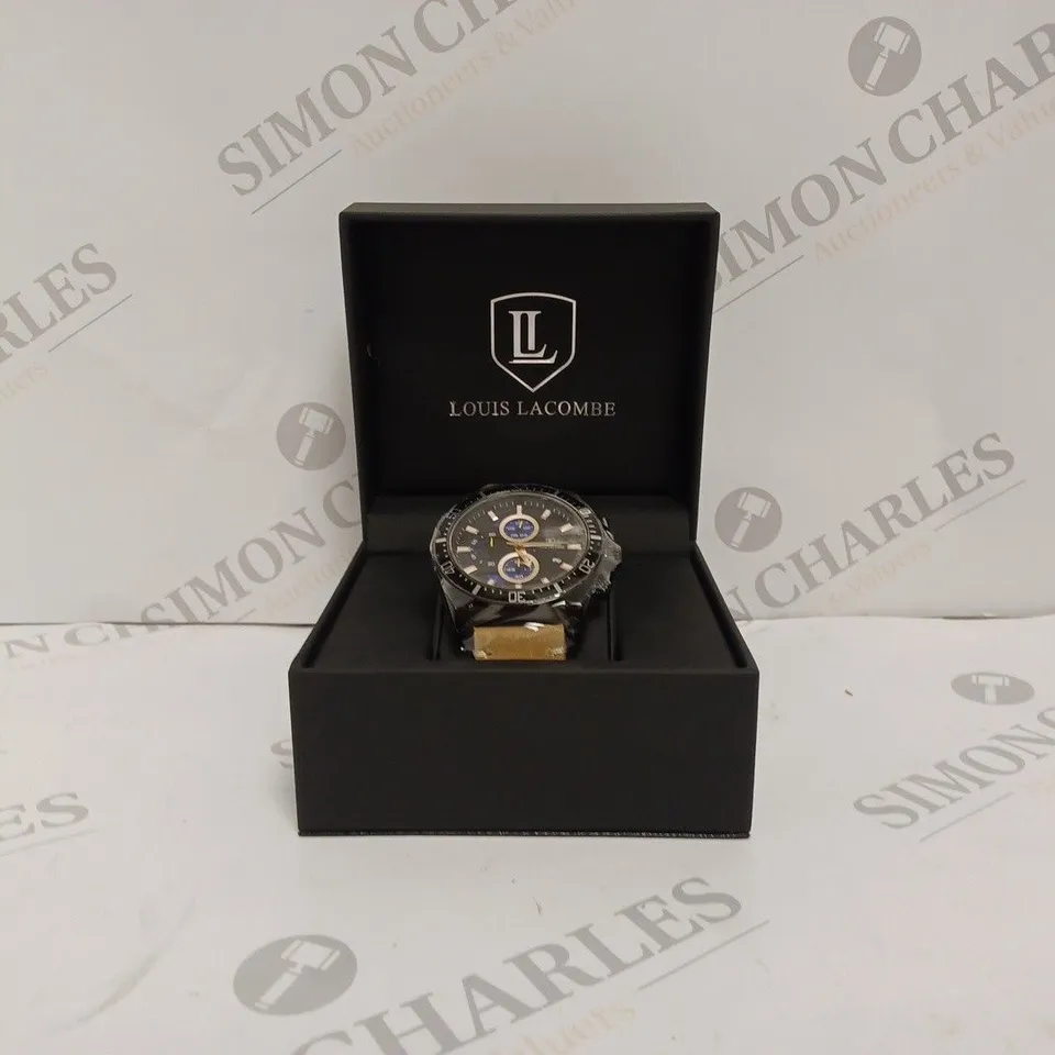 LOUIS LACOMBE MENS CHRONOGRAPH WATCH - BLACK STAINLESS STEEL CASE - LEATHER STRAP - 3ATM WATER RESISTANT - DISPLAY BOX