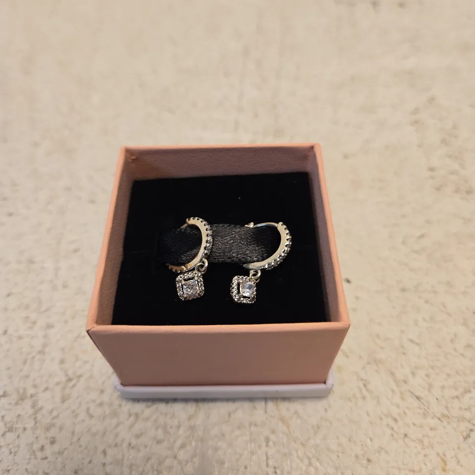 PANDORA SILVER HOOP EARRINGS WITH CRYSTAL CHARMS – BOXED