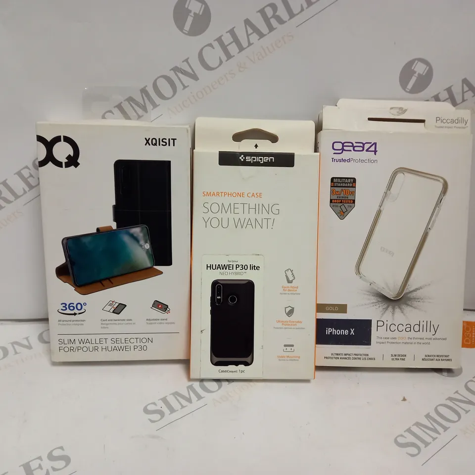 APPROXIMATELY 90 ASSORTED BRAND NEW BOXED AND SEALED PHONE CASES TO INCLUDE SPIGEN HUAWEI P30 LITE NEO HYBRID CASE, XQISIT SLIM WALLET SELECTION FOR HUAWEI P30, PICCADILLY GOLD GEAR4 IPHONE X CASE