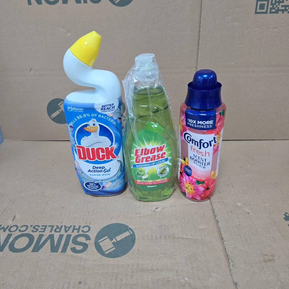 TOTE OF APPROXIMATELY 10 ASSORTED HOUSEHOLD ITEMS TO INCLUDE TOILET DUCK, ELBOW GREASE, COMFORT ETC