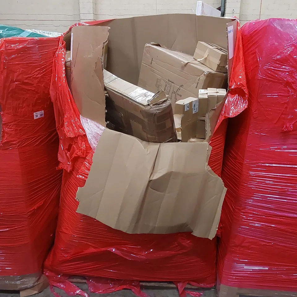 PALLET OF ASSORTED HOUSEHOLD ITEMS AND CONSUMER PRODUCTS. INCLUDING; PET STAIRS, SAND AND WATER TABLE, ELLIPTICAL PEDAL EXERCISER, OFFICE CHAIR ETC. 