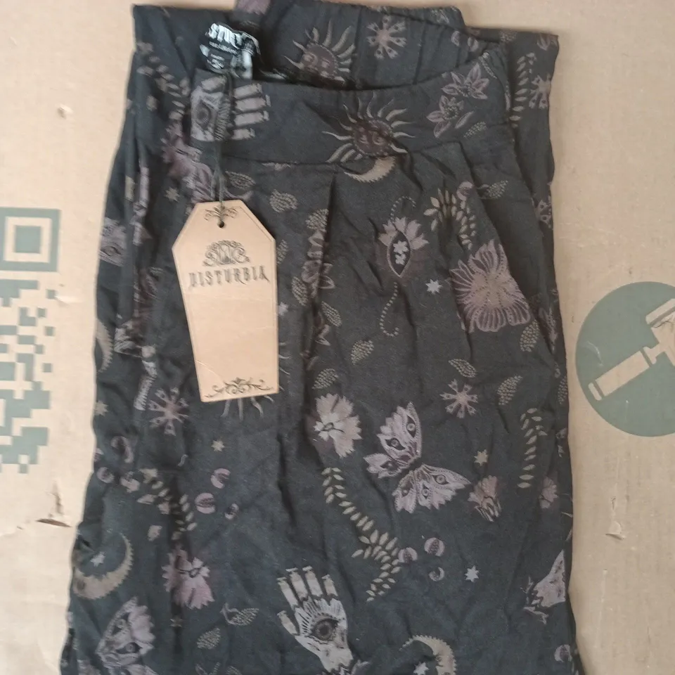 DISTURBIA ANGELA FOLK PRINT WIDE LEG TROUSERS IN BLACK SIZE UK 6