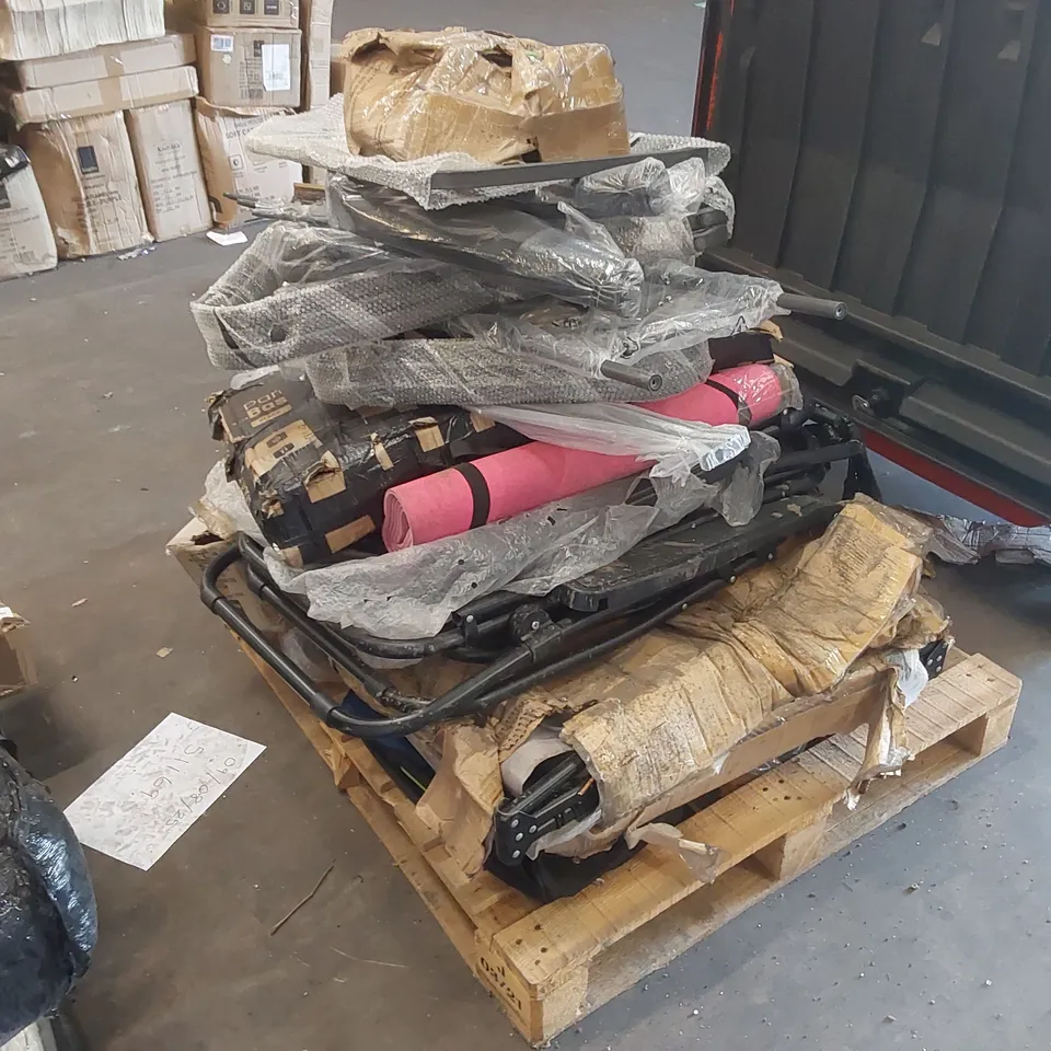 PALLET CONTAINING A LARGE ASSORTMENT OF CONSUMER PRODUCTS INCLUDING: PARASOL BASE, STRING LIGHTS, YOGA MAT ECT