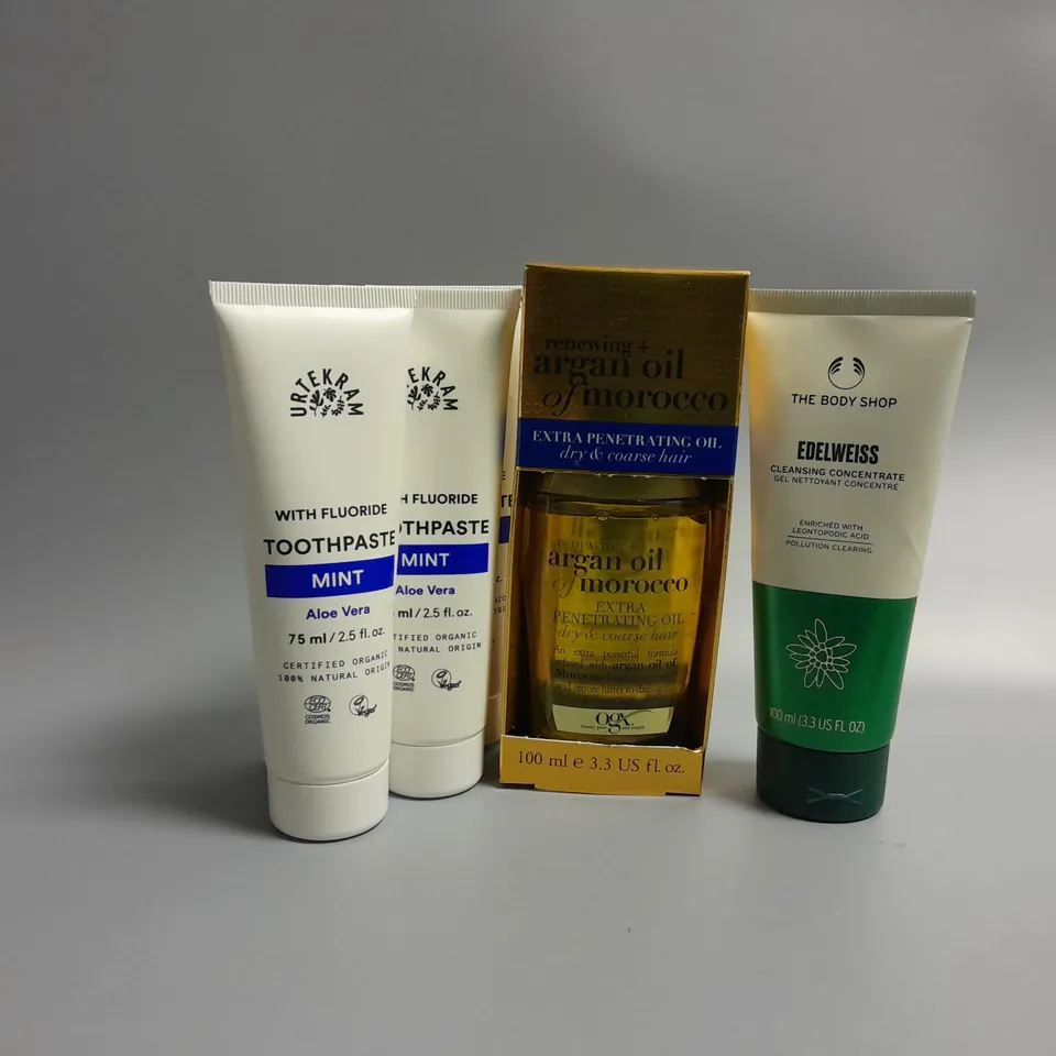 APPROXIMATELY 20 ASSORTED HEALTH AND BEAUTY PRODUCTS TO INCLUDE URTEKRAM TOOTHPASTE MINT ALOE VERA, ARGAN OIL OF MOROCCO, THE BODY SHOP EDELWEISS CLEANSING CONCENTRATE 
