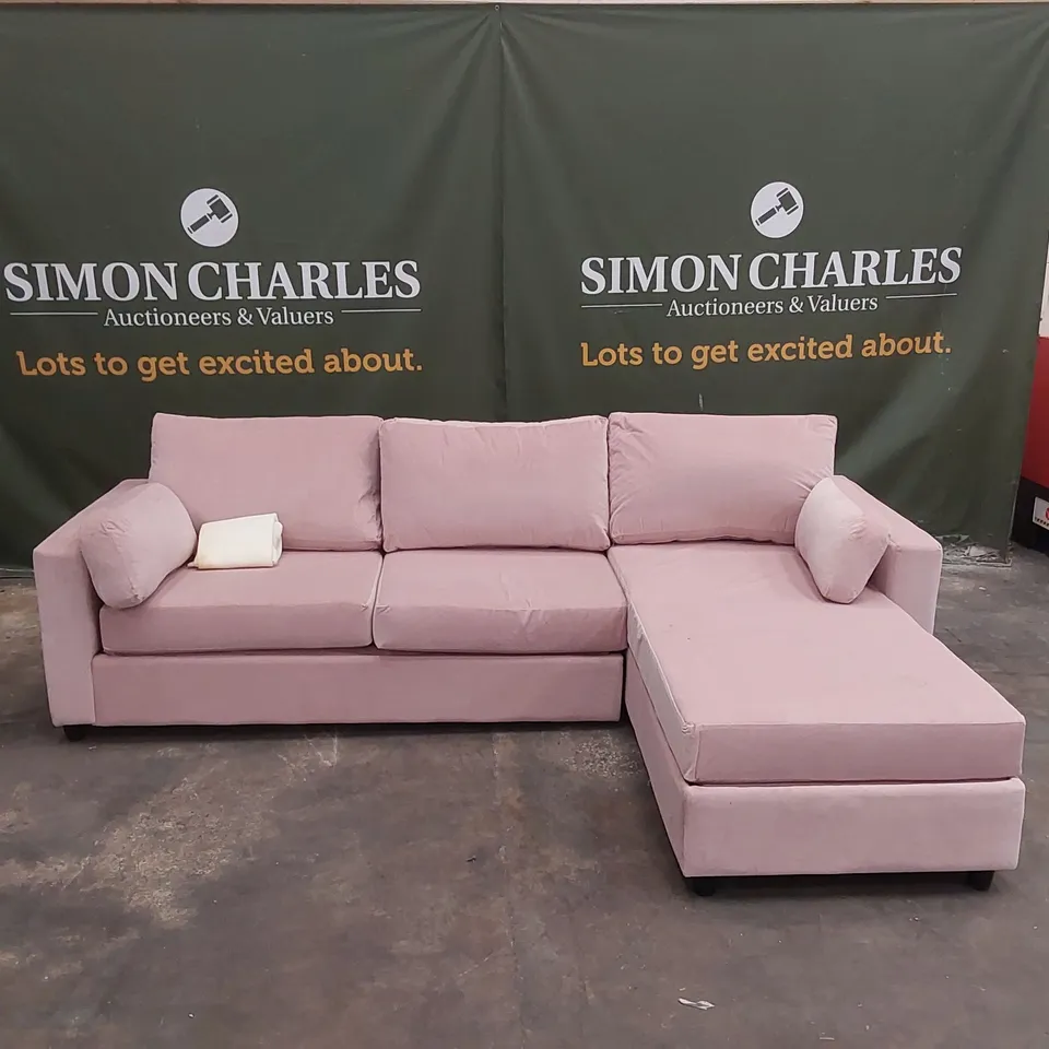 QUALITY DESIGNER PETAL PINK FABRIC CORNER CHAISE SOFA BED