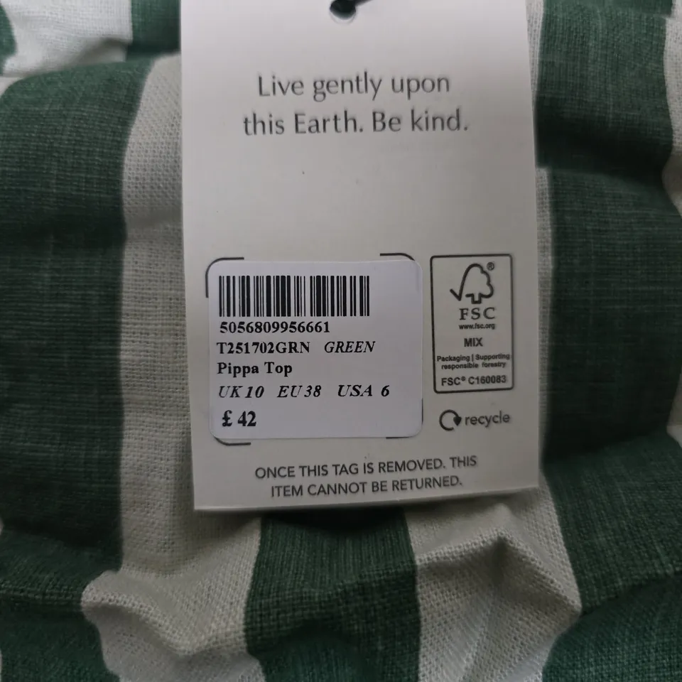 NOBODY'S CHILD PIPPA TOP – GREEN & WHITE STRIPE, UK 10