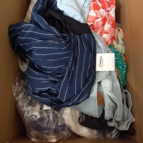 BOX OF ASSORTED CLOTHING ITEMS TOO INCLUDE DRESSES , SHIRTS AND TROUSERS IN VARIOUS SIZES AND COLOURS