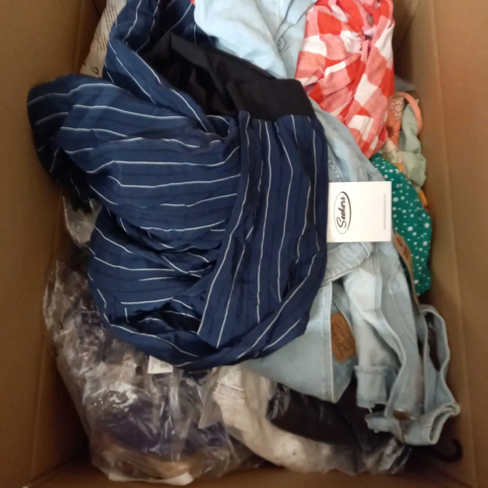  BOX OF ASSORTED CLOTHING ITEMS TOO INCLUDE DRESSES , SHIRTS AND TROUSERS IN VARIOUS SIZES AND COLOURS   