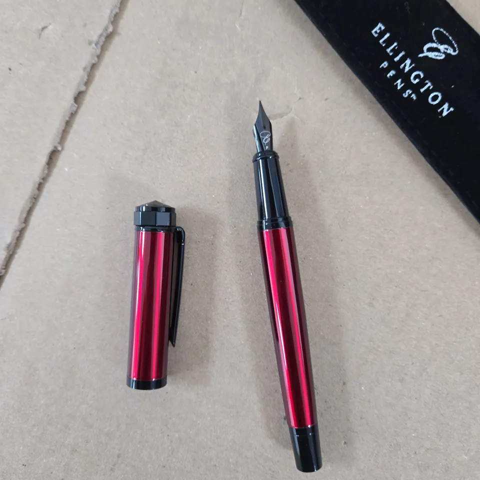 ELLINGTON PENS FOUNTAIN PEN – RED METAL BODY WITH BLACK CAP, VELVET POUCH
