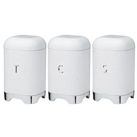 BOXED LOVELLO 3 PIECE COFFEE, TEA AND SUGAR STORAGE CANISTER SET - WHITE (1 BOX)