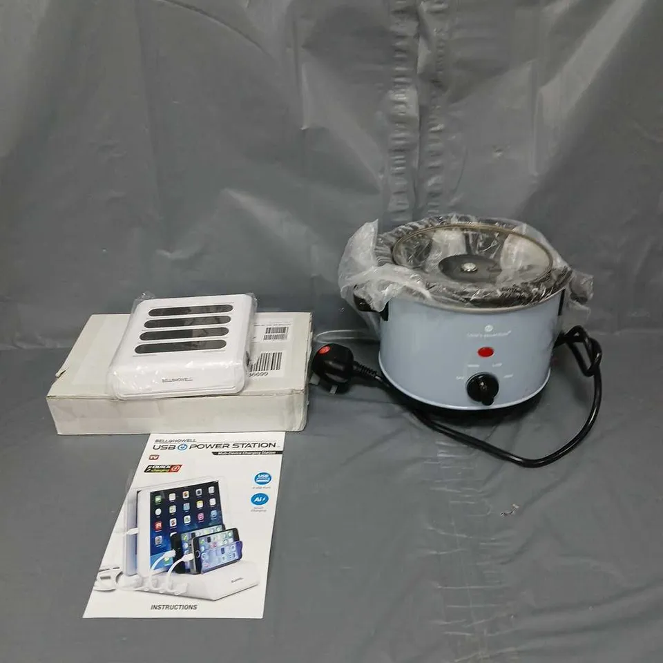 APPROXIMATELY 10 HOUSEHOLD ITEMS TO INCLUDE COOK'S ESSENTIALS SLOW COOKER AND A BELL & HOWELL CHARGING DEVICE