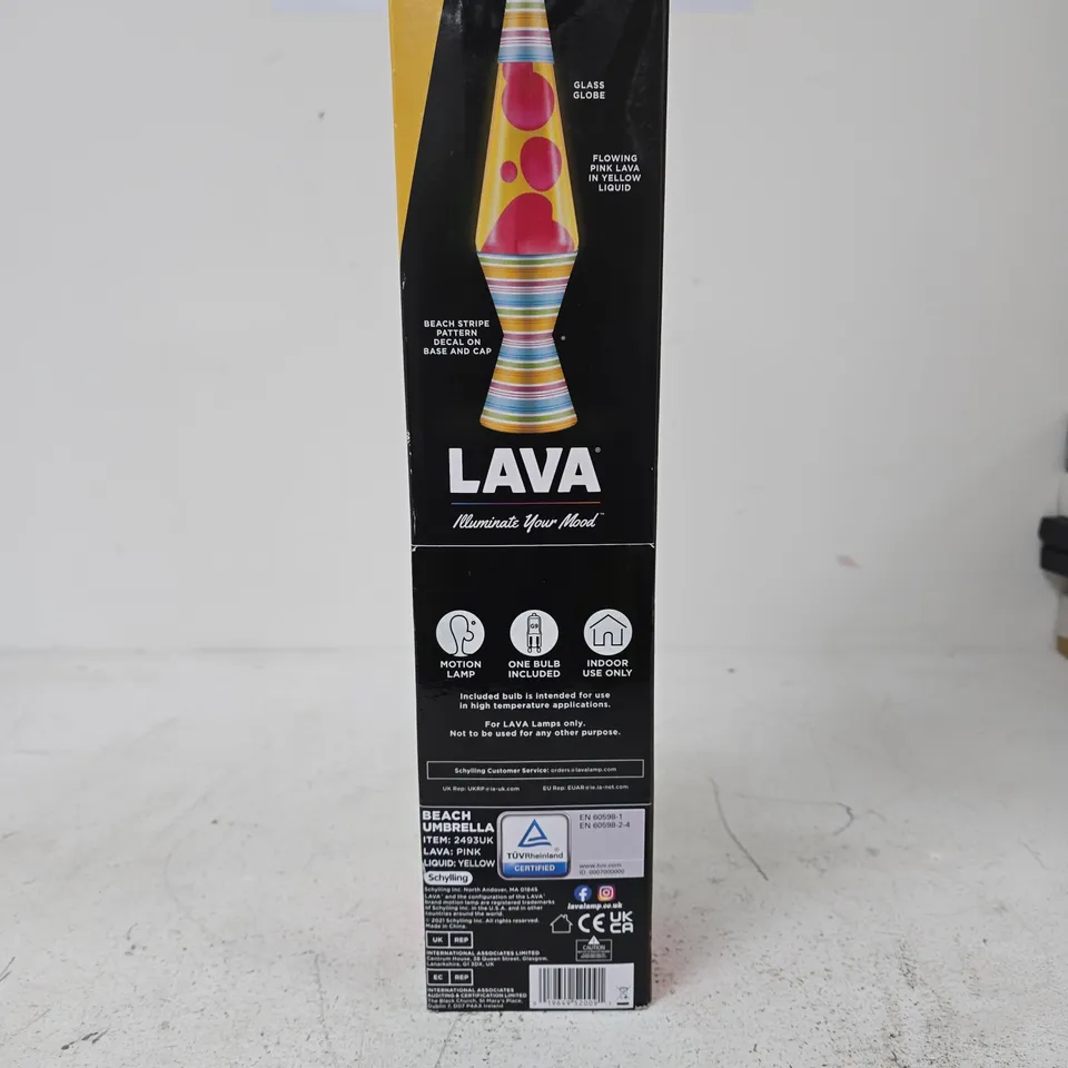 LAVA CLASSIC LAVA LAMP – BEACH UMBRELLA DESIGN, 14.5 INCH (36.8 CM) TALL, PINK LAVA IN YELLOW LIQUID