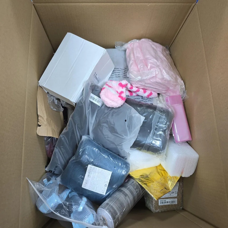 BOX OF APPROXIMATELY 15 ASSORTED ITEMS INCLUDING A FLOWER PAINTED MUG, SOME BLUE SHOES AND SHEGLAM HAIR HOT STREAK LEAVE-IN PROTECTION SERUM