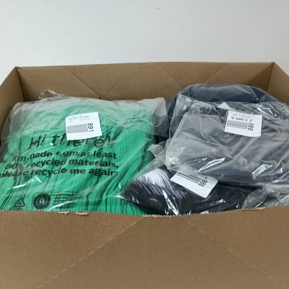 BOX OF APPROXIMATELY 20 ASSORTED CLOTHING ITEMS OF VARIOUS STYLES AND SIZES TO INCLUDE OLIVE BOTTOMS, GREEN LACE TRIM DRESS, SPOT CORSAGE MAXI DRESS ETC