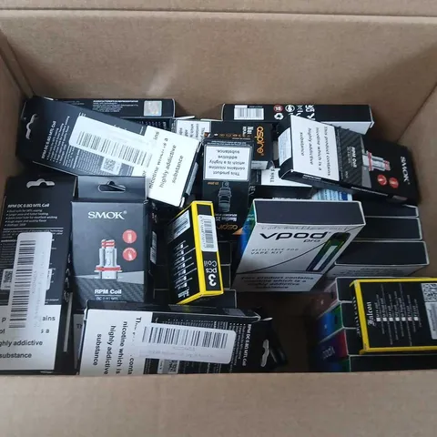 BOX OF APPROXIMATELY 40  ASSORTED E-CIGARETTES AND COMPONENTS TO INCLUDE:  VPOD PRO REFILLABLE KITS 