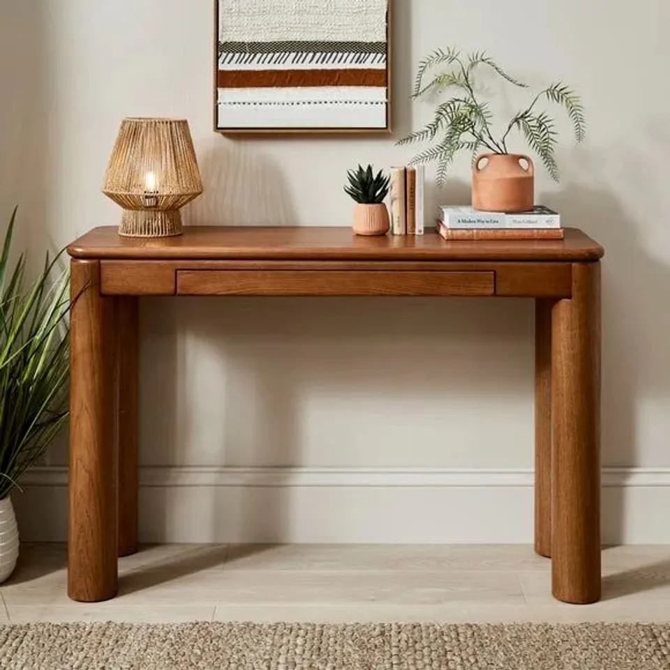 BOXED REEVA CONSOLE TABLE, MID STAIN OAK (1 BOX)