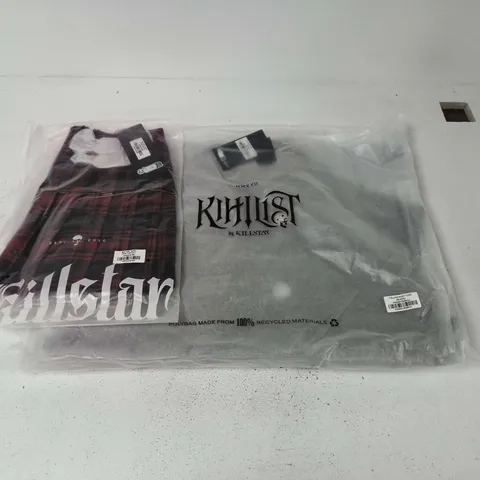 LOT OF APPROXIMATELY 24 BRAND NEW KILLSTAR CLOTHING ITEMS TO INCLUDE FALLING NIGHT COATS AND RED TARTAN SKIRTS - VARIOUS SIZES