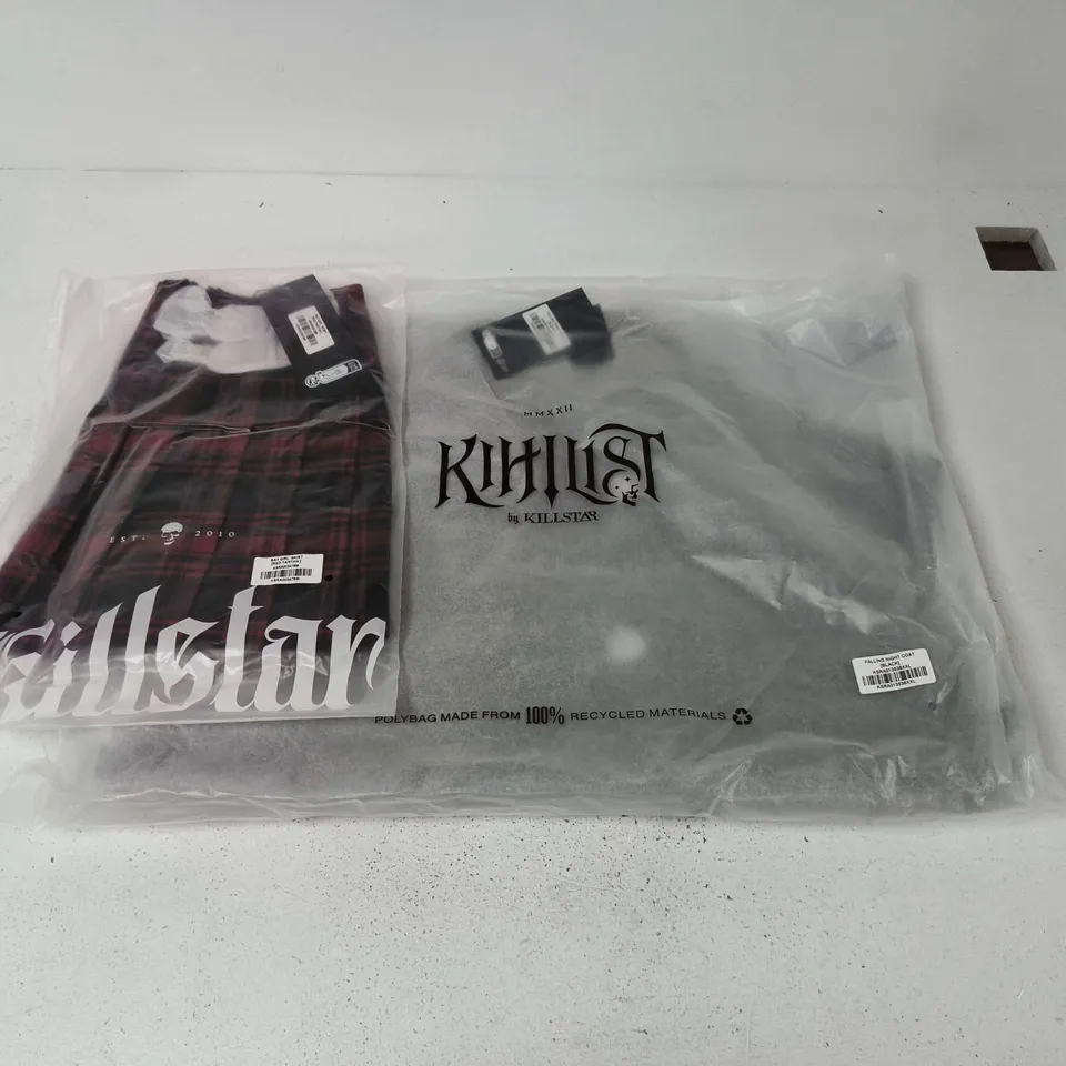 LOT OF APPROXIMATELY 24 BRAND NEW KILLSTAR CLOTHING ITEMS TO INCLUDE FALLING NIGHT COATS AND RED TARTAN SKIRTS - VARIOUS SIZES