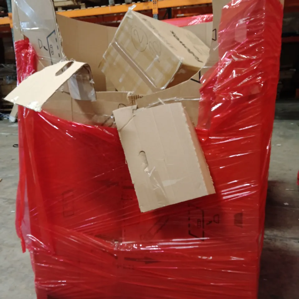 PALLET OF ASSORTED HOUSEHOLD GOODS AND PRODUCTS TO INCLUDE; SUITCASE, MICROWAVE, CEILING FAN WITH LIGHT