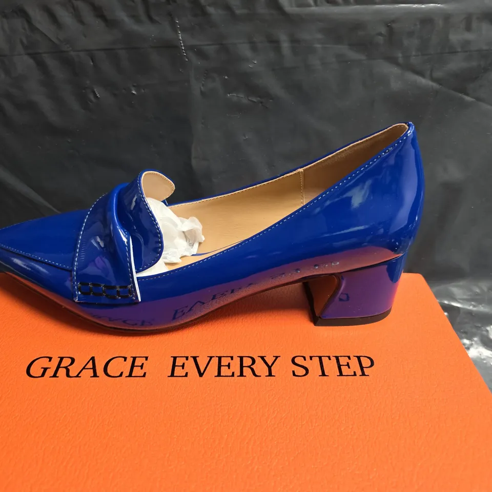 AACHOL BLUE PATENT LEATHER POINTED-TOE LOAFERS WITH LOW BLOCK HEEL – UK 5.5 (EU 38, US 7.5) – WOMEN'S SHOES